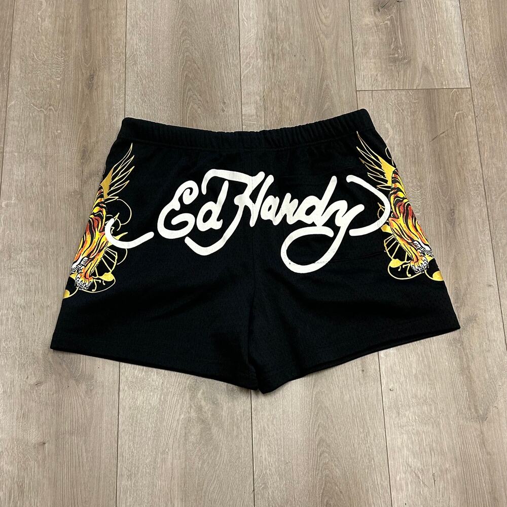 Ed Hardy Crawling Tigers black mesh shorts size Large L B24 - Picture 6 of 6